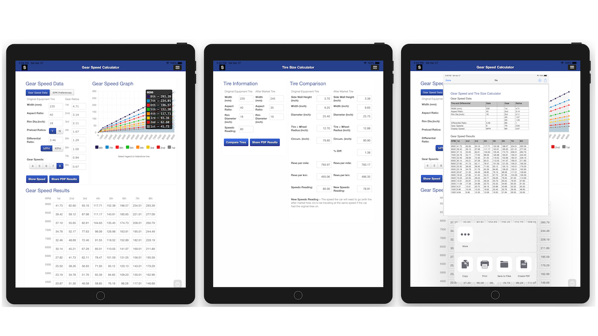 iPad view of Gear Speed and Tire Size Calculator Application