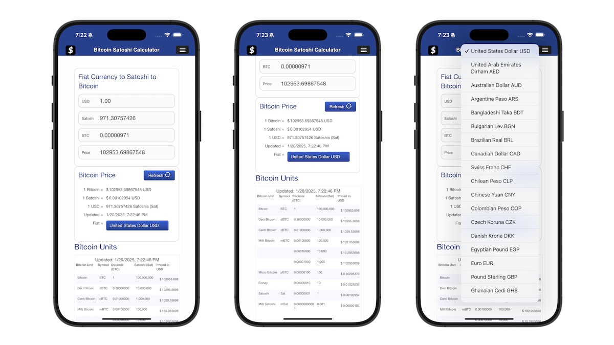 iPhone view of Bitcoin Satoshi Calculator Application