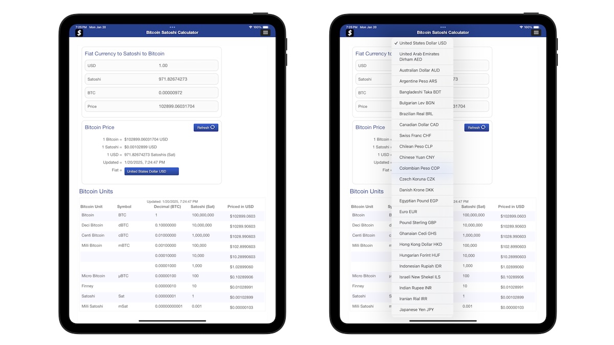 iPad view of Bitcoin Satoshi Calculator Application